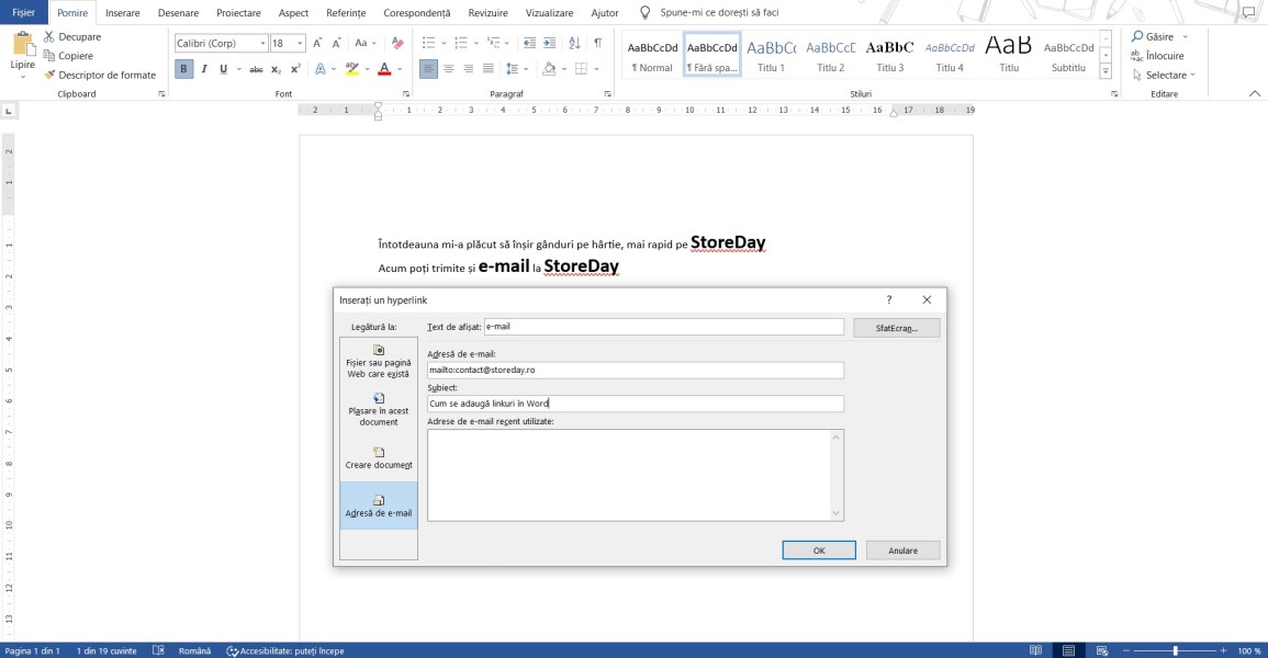 Adugare adresa de e mail Word
