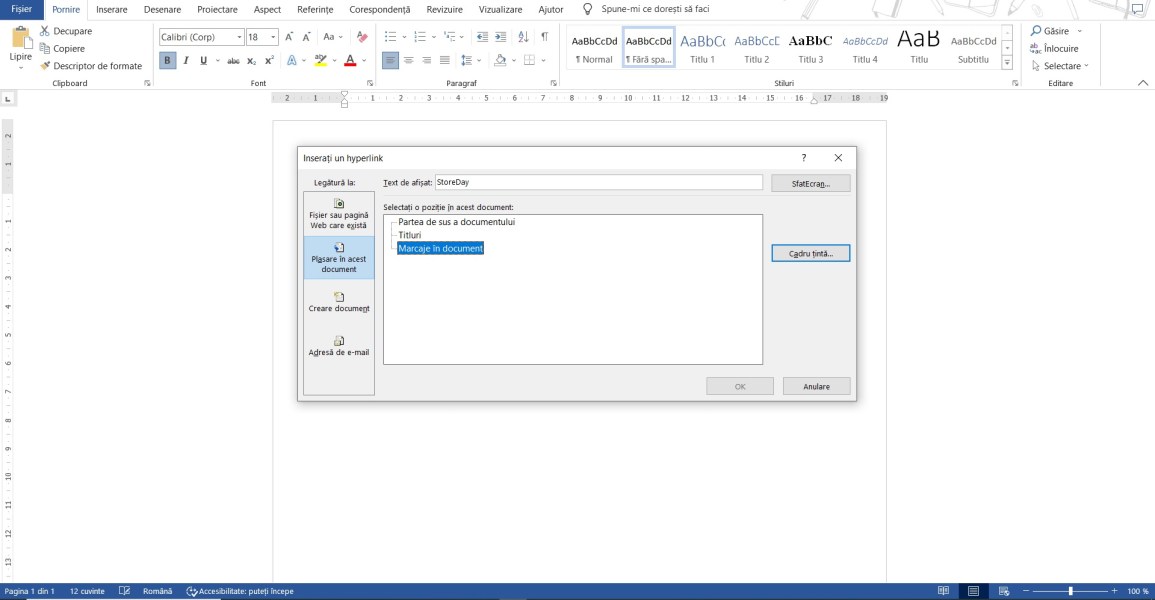 Plasare in acest document Word