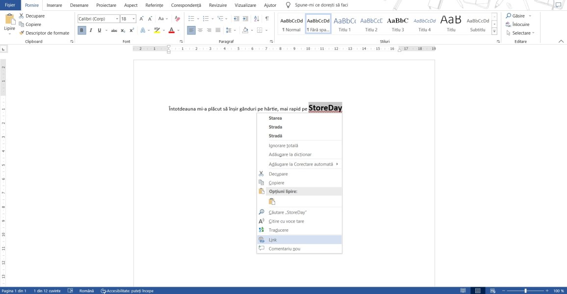 adaugare link in word
