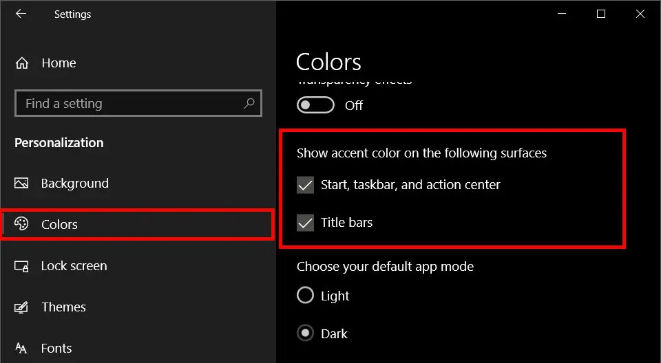 meniul culori intunecate windows 10
